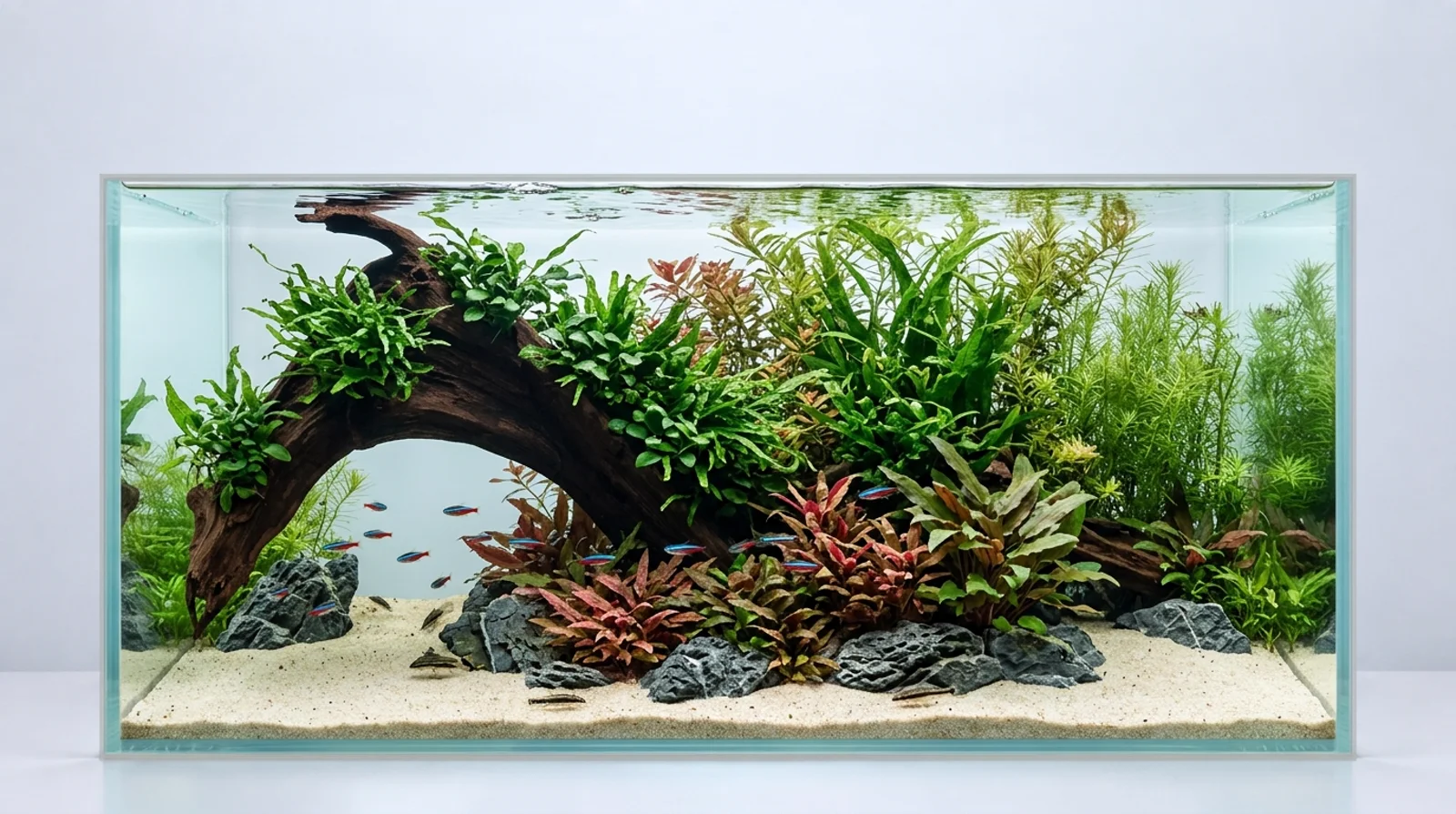 Färdigt aquascape från Aquascape Studio med samma rot, växter, ljus sand och grå sten