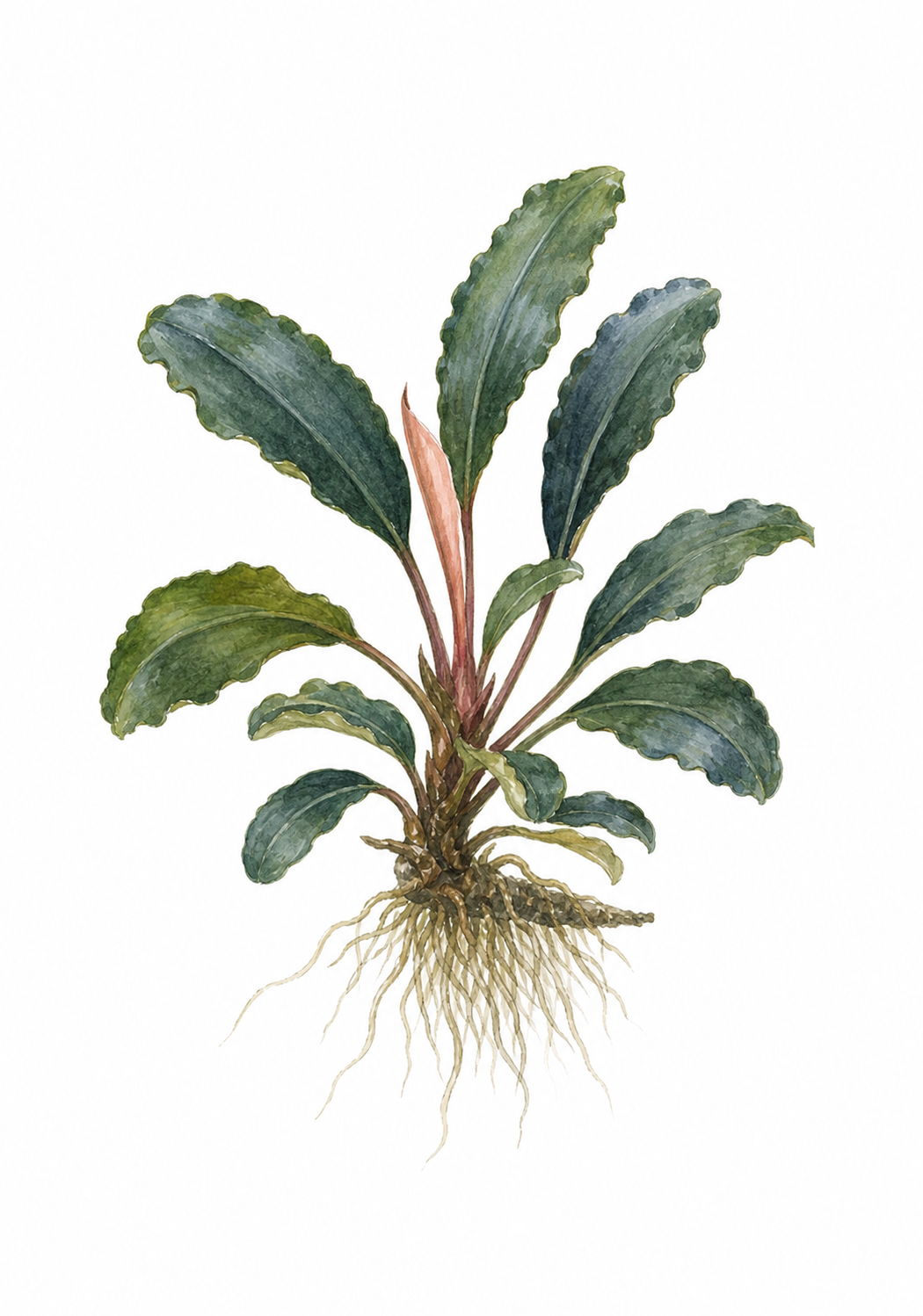 Watercolour illustration of Bucephalandra as an aquarium plant.