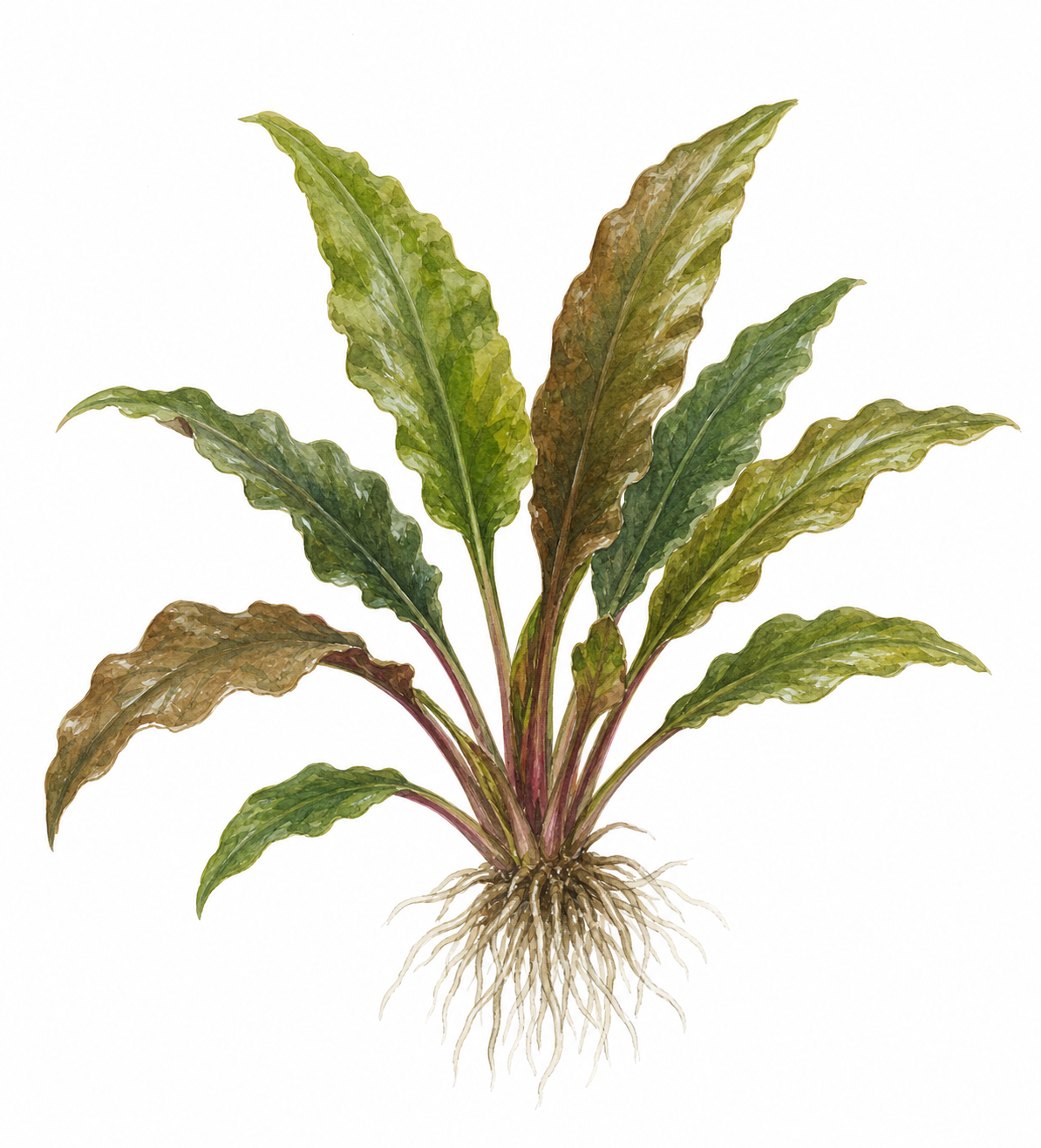 Watercolour illustration of Cryptocoryne wendtii.
