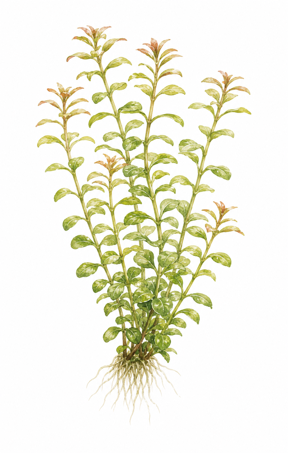 Watercolour illustration of Rotala rotundifolia as a stem plant.