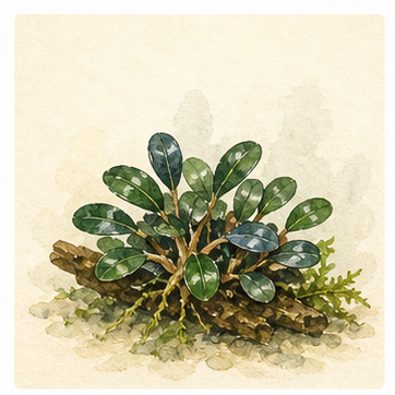 Watercolour illustration of Bucephalandra pygmaea 'Bukit Kelam' as an aquarium plant.