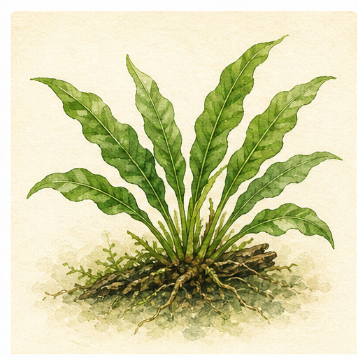 Watercolour illustration of Microsorum pteropus as an aquarium plant.