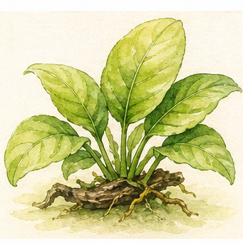 Watercolour illustration of Anubias barteri caladiifolia as an aquarium plant.
