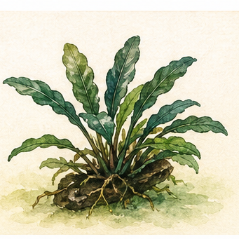 Watercolour illustration of Bucephalandra 'Kedagang' as an aquarium plant.