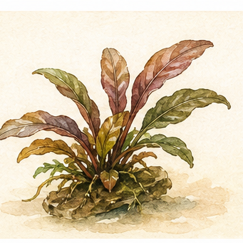 Watercolour illustration of Bucephalandra sp. 'Red' as an aquarium plant.