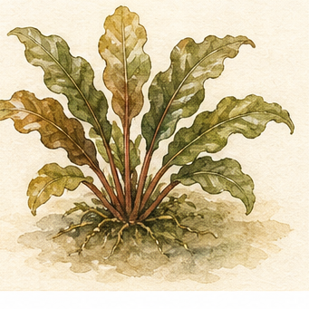 Watercolour illustration of Cryptocoryne beckettii 'Petchii' as an aquarium plant.