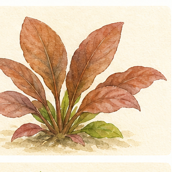 Watercolour illustration of Echinodorus 'Reni' as an aquarium plant.