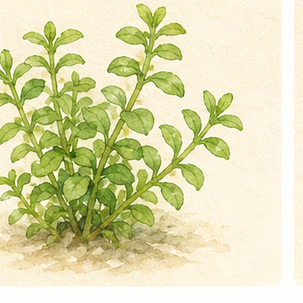 Watercolour illustration of Bacopa monnieri 'Compact' as an aquarium plant.
