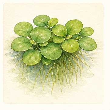 Watercolour illustration of Salvinia minima as an aquarium plant.