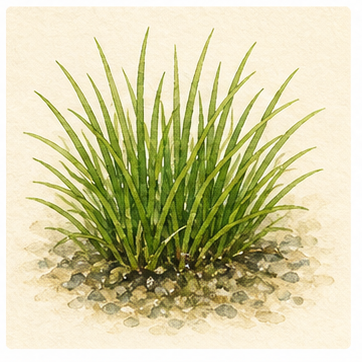 Watercolour illustration of Lilaeopsis brasiliensis as an aquarium plant.
