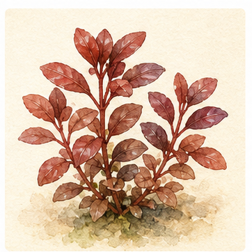 Watercolour illustration of Ludwigia repens 'Rubin' as an aquarium plant.