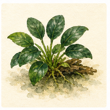 Watercolour illustration of Anubias barteri 'Petite' as an aquarium plant.