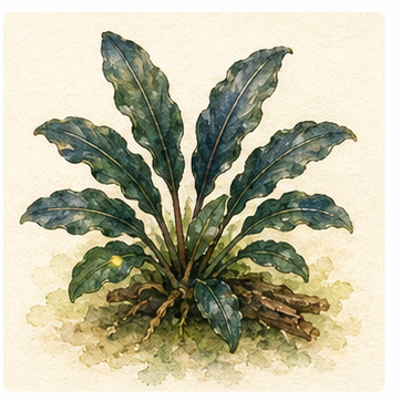 Watercolour illustration of Bucephalandra sordidula 'Blue' as an aquarium plant.