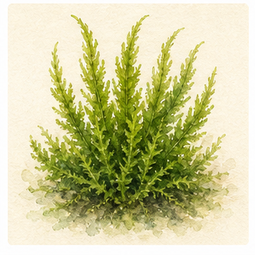 Watercolour illustration of Taxiphyllum sp. 'Flame Moss' as an aquarium plant.