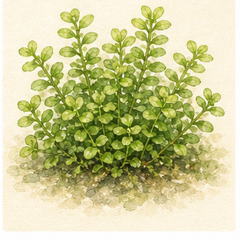 Watercolour illustration of Micranthemum glomeratum as an aquarium plant.