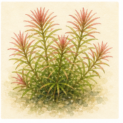 Watercolour illustration of Pogostemon stellatus as an aquarium plant.
