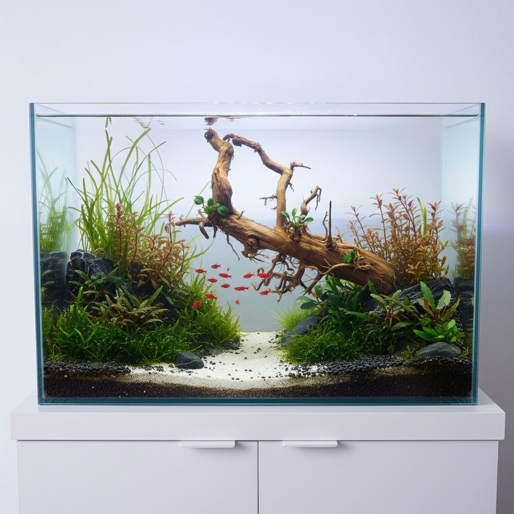 Aquascape-voorbeeld met Tuskwood-aquariumwortel van echt bogwood 52 cm P292619