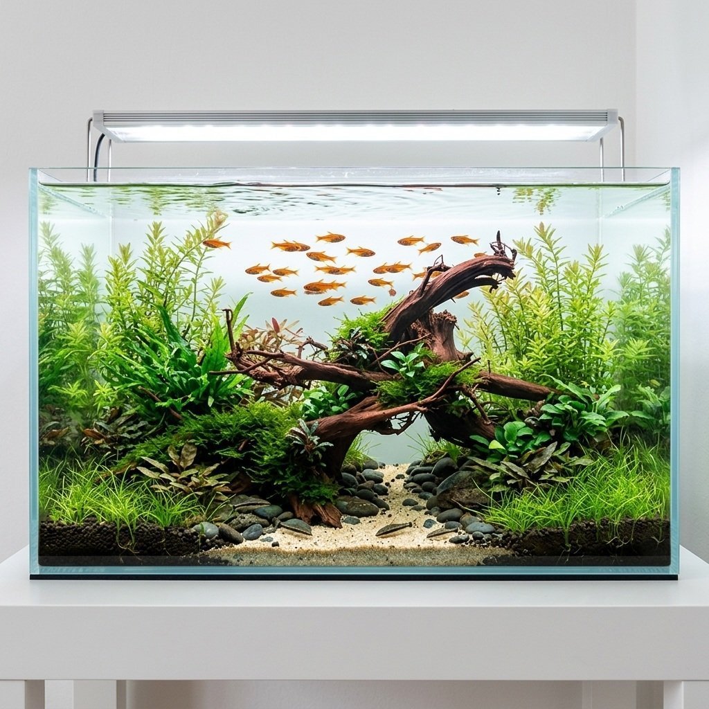 Aquascape-voorbeeld met Tuskwood-aquariumwortel P052620 en planten.