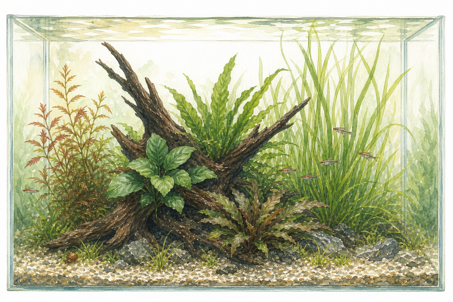 Akvarellillustration av ett lättskött rektangulärt akvarium med rot och enkla akvarieväxter.