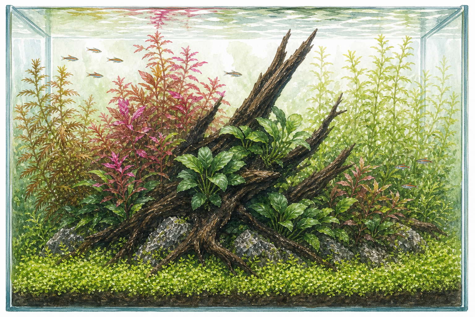 Akvarellillustration av ett mer krävande rektangulärt växtakvarium med rot, tät plantering, röda växter och låg matta.