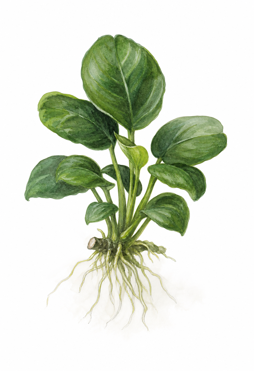 Akvarellillustration av Anubias barteri var. nana.
