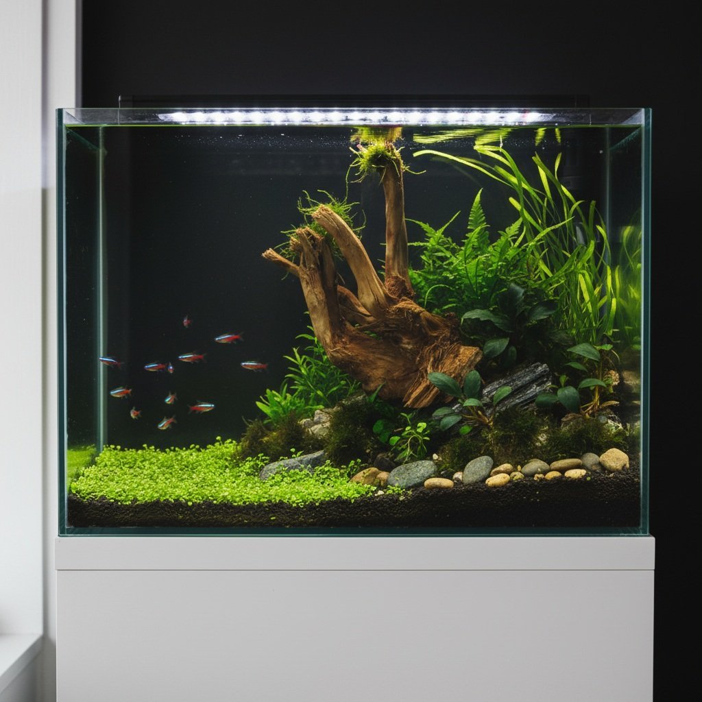 Aquascape-exempel med Tuskwood akvarierot P032619 och akvarieväxter