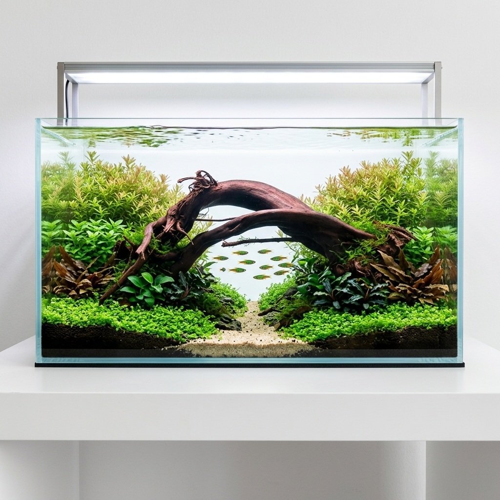 Tuskwood aquascape with a branched bogwood root forming a natural bridge.
