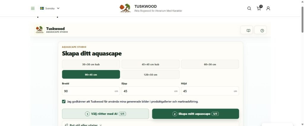 Skärmbild av Tuskwood Aquascape Studio med akvariemått 90 × 45 × 45 cm och knappar för AI-rotval och aquascape.