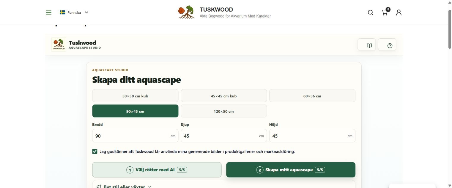 Skärmbild av Tuskwood Aquascape Studio med akvariemått 90 × 45 × 45 cm och knappar för AI-rotval och aquascape.