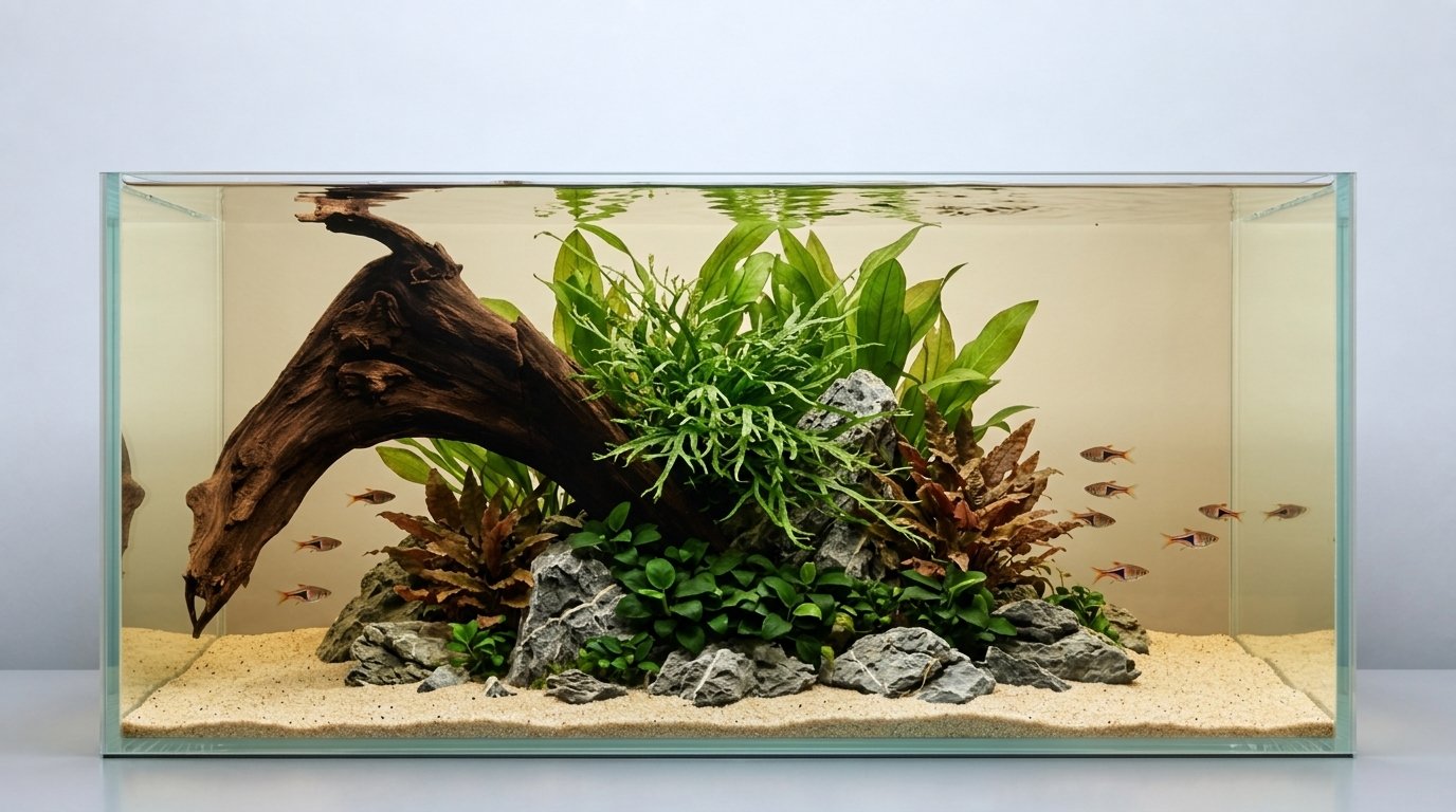 AI-inspiration. Akvarium: 90 × 45 × 45 cm (bredd × djup × höjd). Rötter: P342623.