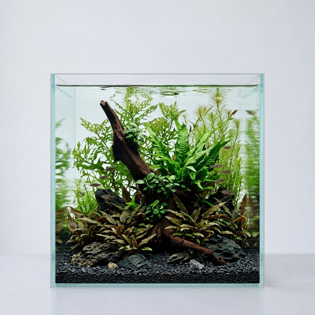 Tekoälyn luoma inspiraatio. Akvaario: 45 × 45 × 45 cm (leveys × syvyys × korkeus). Juuret: P122621.