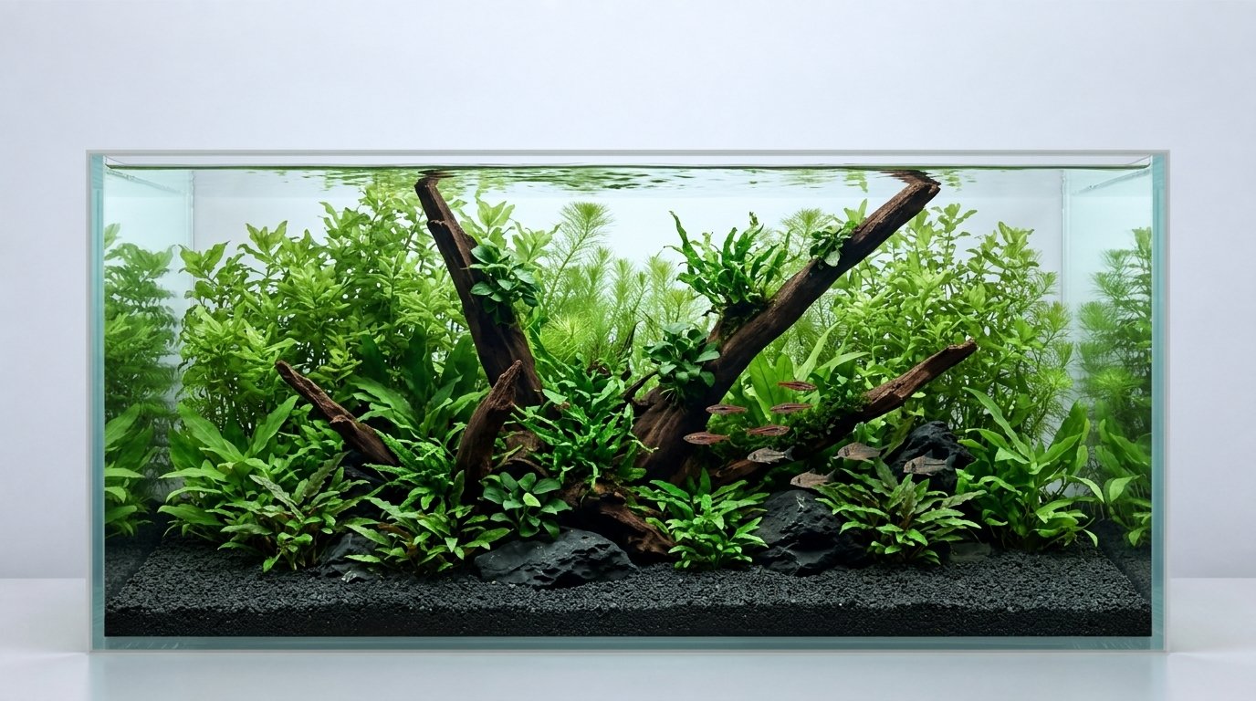 Tekoälyn luoma inspiraatio. Akvaario: 90 × 45 × 45 cm (leveys × syvyys × korkeus). Juuret: S3172622.