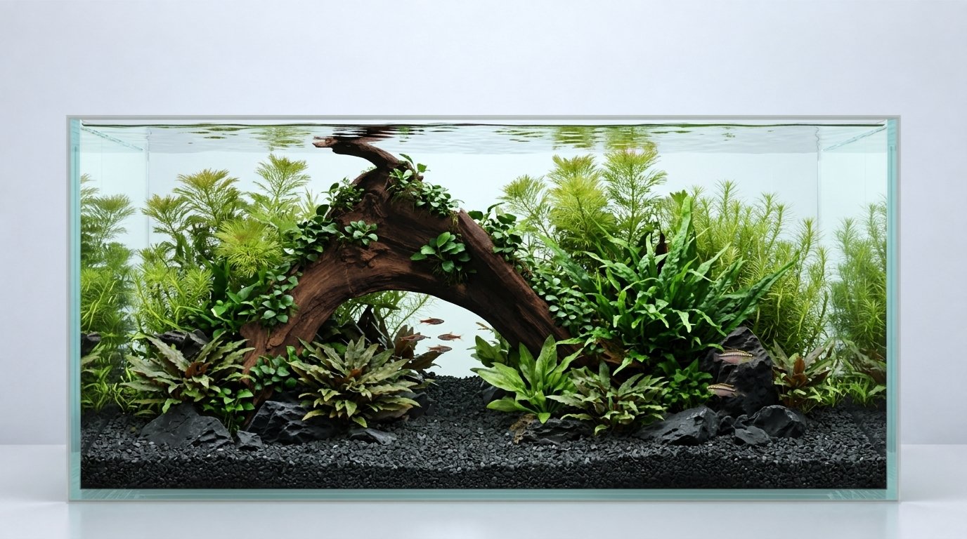 AI-inspiration. Akvarium: 90 × 45 × 45 cm (bredd × djup × höjd). Rötter: P342623.
