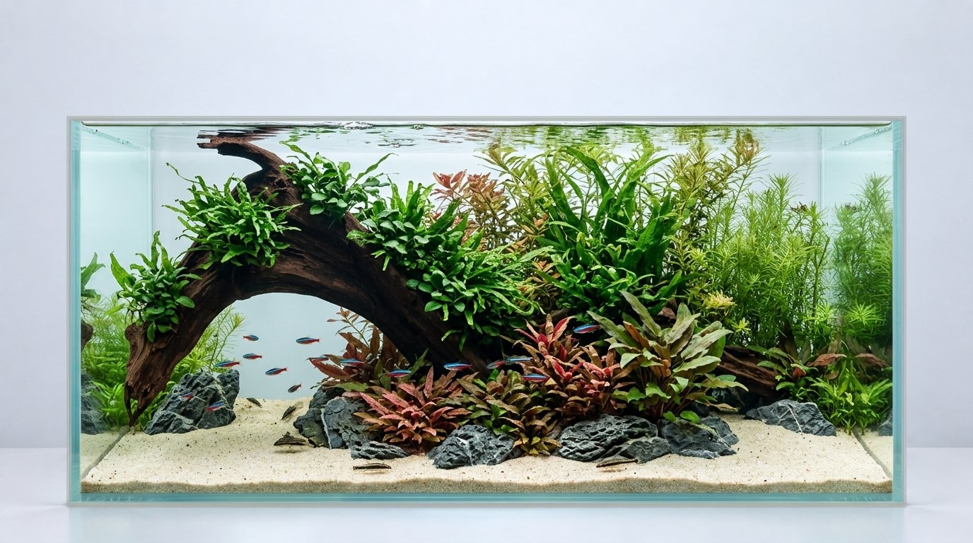 AI-inspiration. Akvarium: 90 × 45 × 45 cm (bredd × djup × höjd). Rötter: P342623.