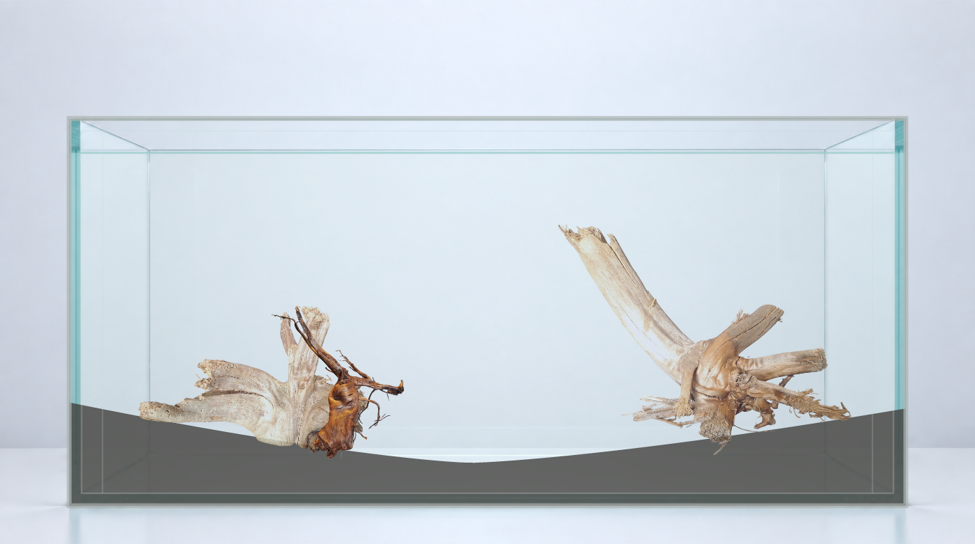 Rotplacering med AI · Flera produkter. Akvarium: 90 × 45 × 45 cm (bredd × djup × höjd). Rötter: P032618, P052621, P042618.