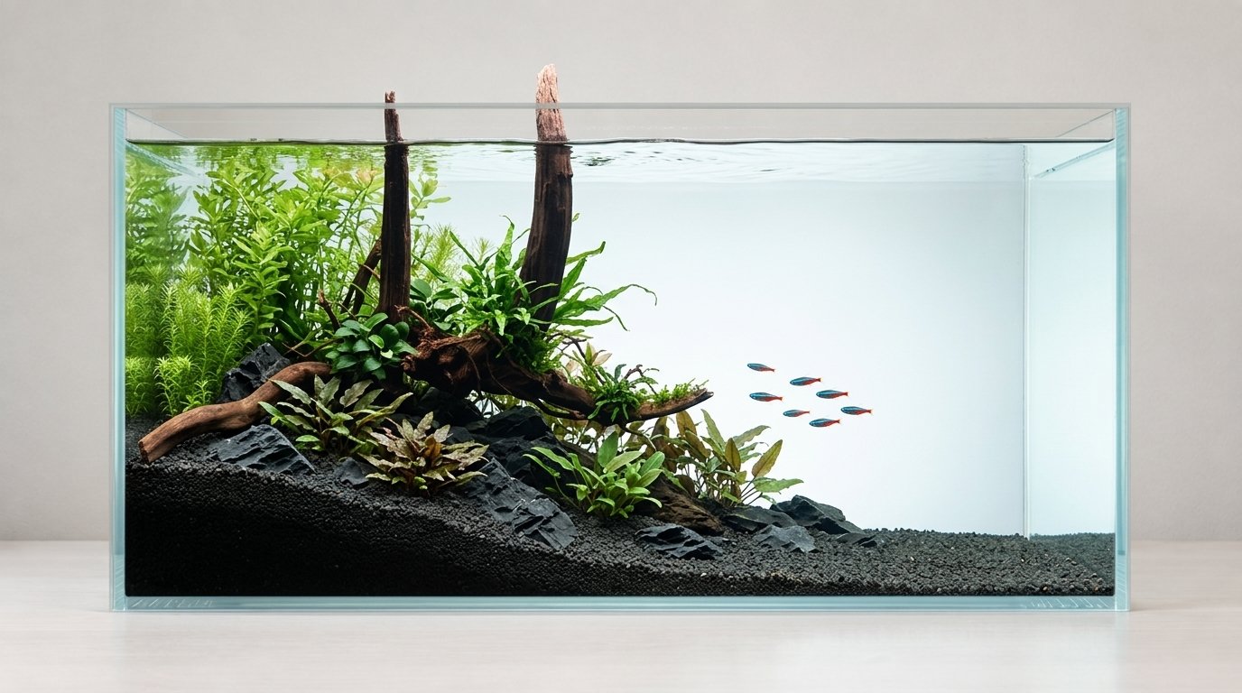 KI-Inspiration. Aquarium: 75 × 35 × 40 cm (Breite × Tiefe × Höhe). Wurzeln: S2342620.