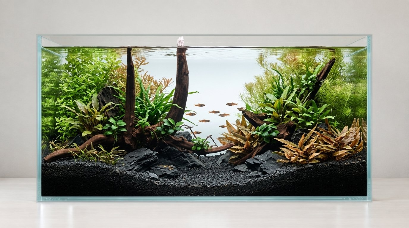 KI-Inspiration. Aquarium: 75 × 35 × 40 cm (Breite × Tiefe × Höhe). Wurzeln: S2342620.