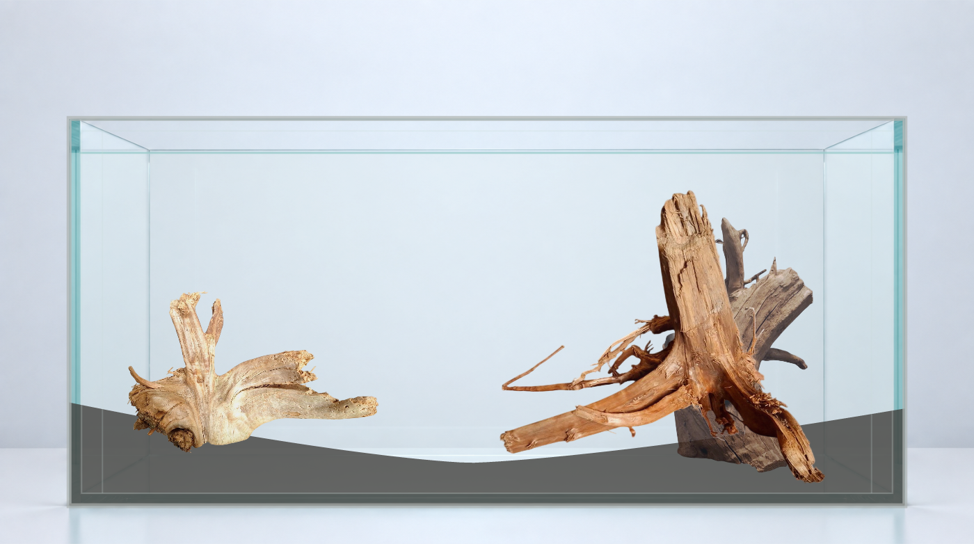 Rotplacering med AI · Flera produkter. Akvarium: 90 × 45 × 45 cm (bredd × djup × höjd). Rötter: P032618, P102620, P092622.