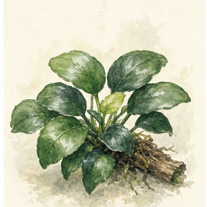 Akvarellillustration av Anubias barteri var. nana som akvarieväxt.