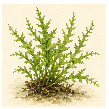 Akvarellillustration av Microsorum pteropus 'Windeløv' som akvarieväxt.