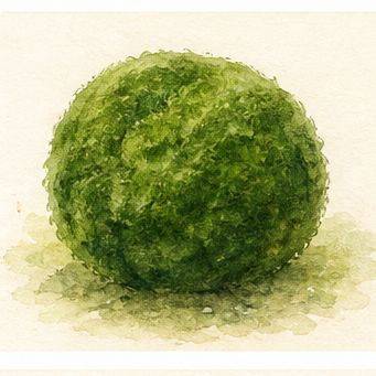 Akvarellillustration av Aegagropila linnaei som akvarieväxt.