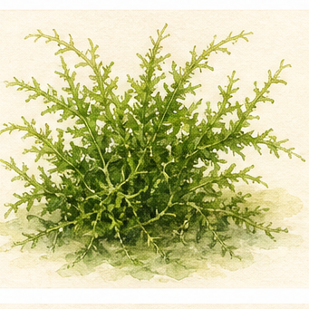 Akvarellillustration av Leptodictyum riparium som akvarieväxt.