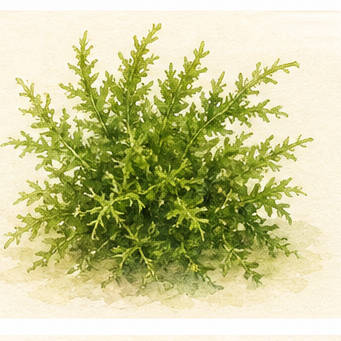 Akvarellillustration av Taxiphyllum alternans 'Taiwan Moss' som akvarieväxt.