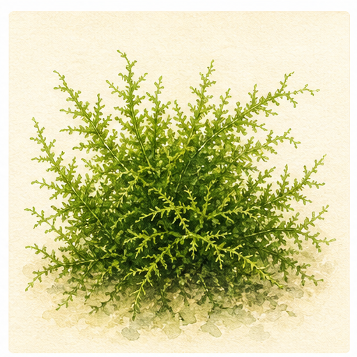 Akvarellillustration av Taxiphyllum barbieri 'Bogor Moss' som akvarieväxt.
