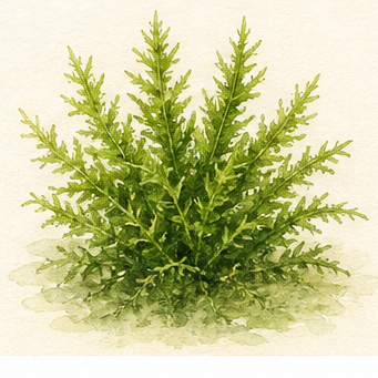 Akvarellillustration av Taxiphyllum sp. 'Spiky Moss' som akvarieväxt.