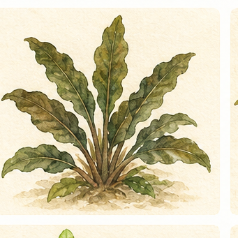 Akvarellillustration av Cryptocoryne wendtii 'Tropica' som akvarieväxt.