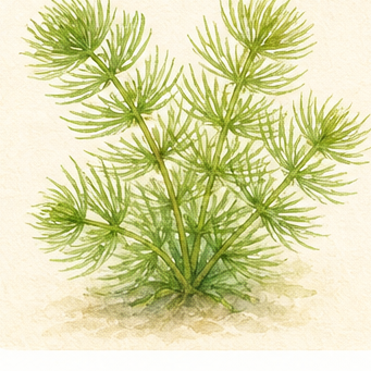 Akvarellillustration av Ceratophyllum demersum som akvarieväxt.