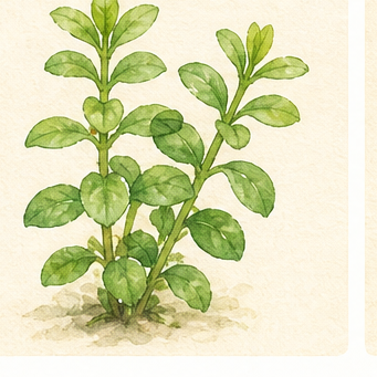 Akvarellillustration av Bacopa caroliniana som akvarieväxt.