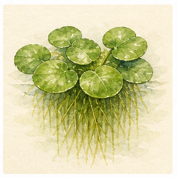Akvarellillustration av Limnobium laevigatum som akvarieväxt.