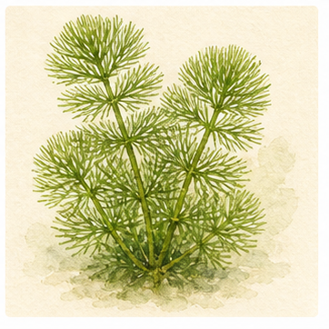 Akvarellillustration av Cabomba aquatica som akvarieväxt.